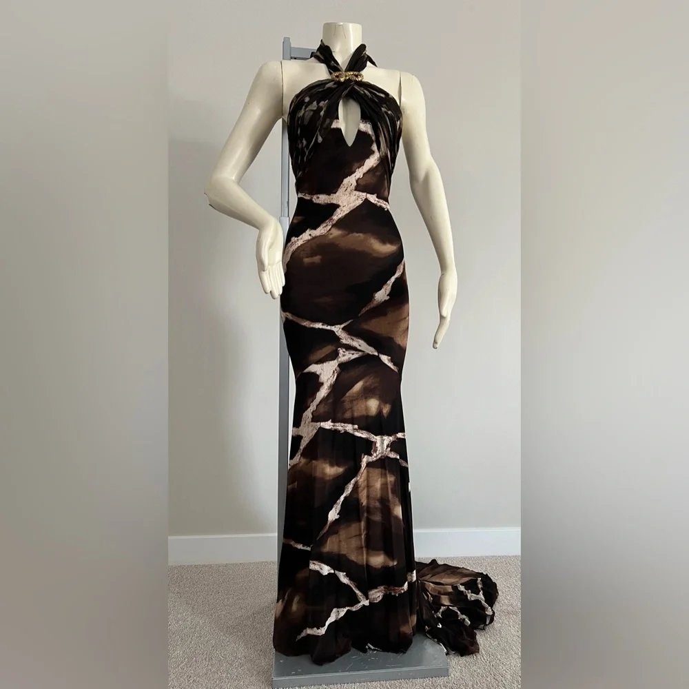 Roberto Cavalli Silk Animal Print Halter Gown with Snake Brooch – Size XS - Picture 3 of 17